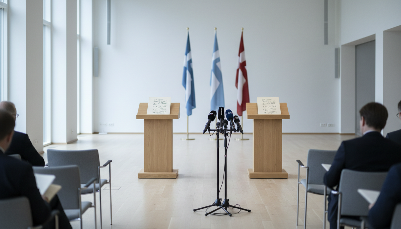 Twee eenvoudige spreekgestoelten met documenten en Scandinavische vlaggen in een lichte vergaderzaal, tegenover een cluster persmicrofoons en lege stoelen.