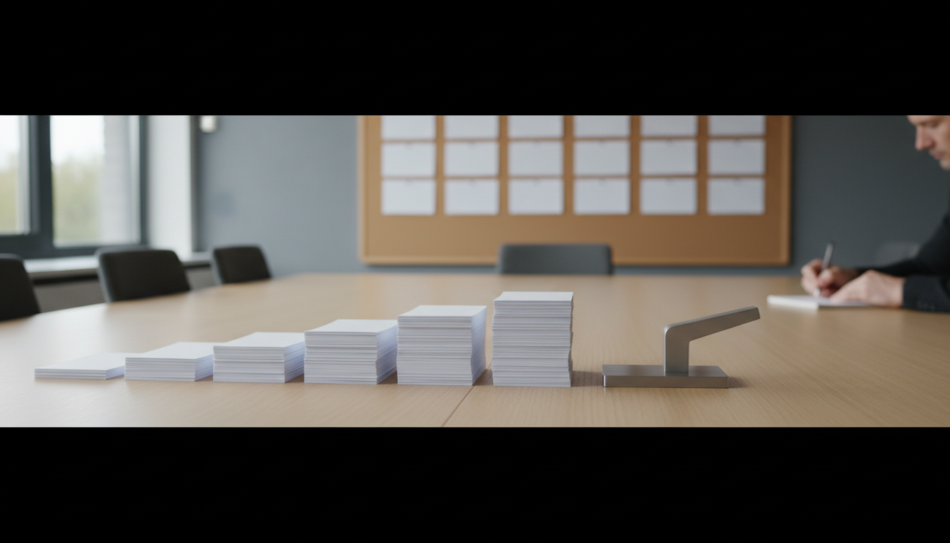 Lange vergadertafel met stapels documenten die oplopen in hoogte, eindigend bij een metalen schuifhendel, met op de achtergrond een prikbord en iemand die aantekeningen maakt.