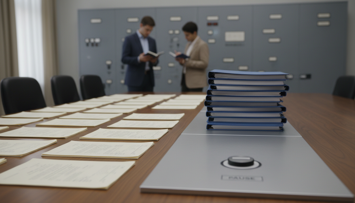 Meeting room with dossier pages and bound transcript binders arranged in rows on a table, beside a control panel with a clearly marked pause button.