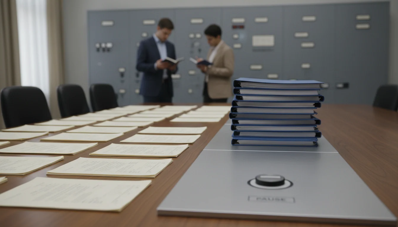 Meeting room with dossier pages and bound transcript binders arranged in rows on a table, beside a control panel with a clearly marked pause button.