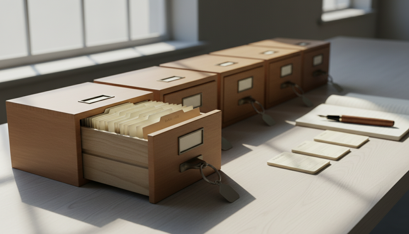 A row of separate labelled small filing drawers on a light wooden table, each with its own key tag, some open showing files and others sealed, in daylight.