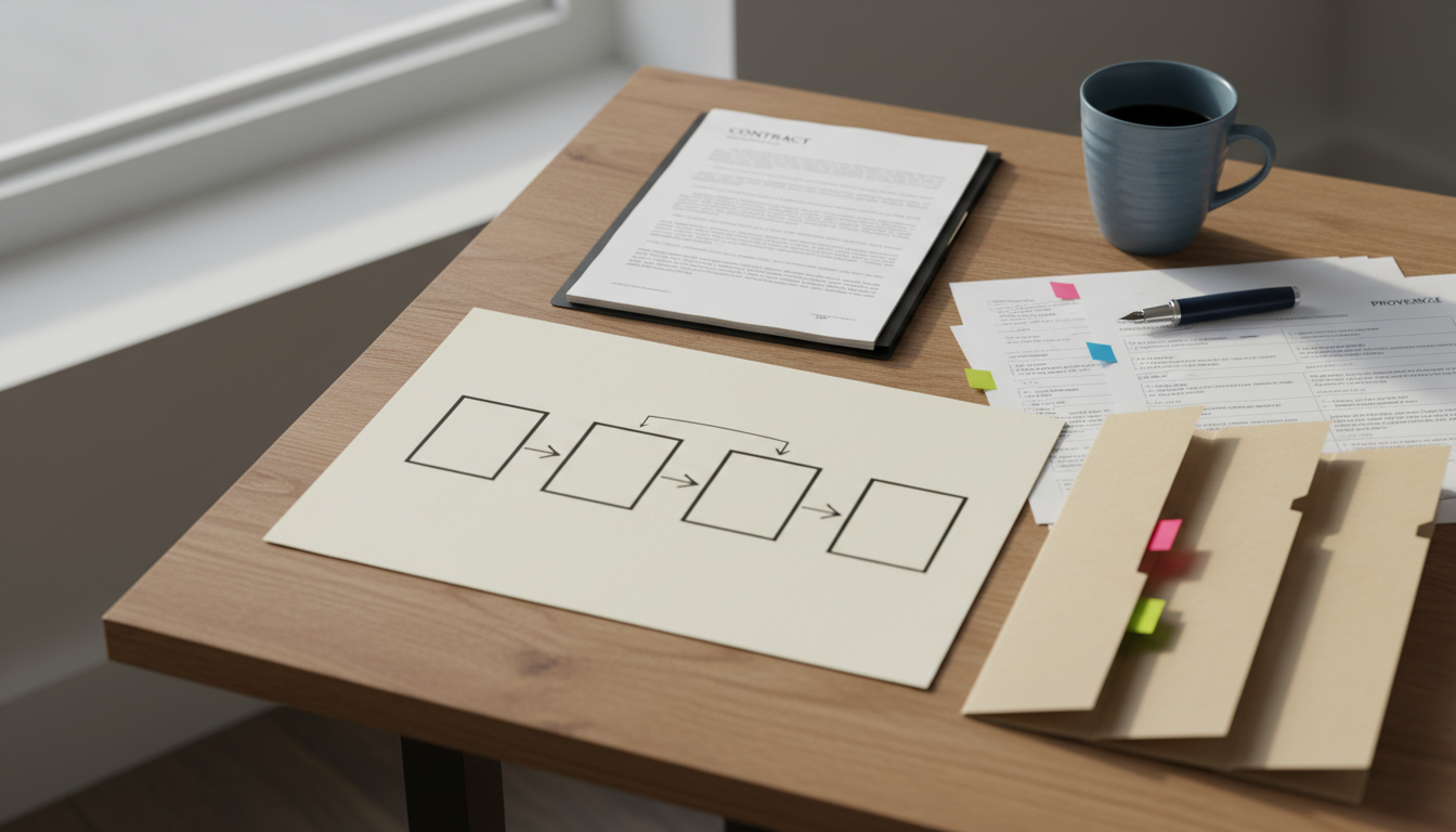 Overhead view of a desk with a printed process map of four connected boxes, a row of folders, contracts, a pen and a coffee cup.