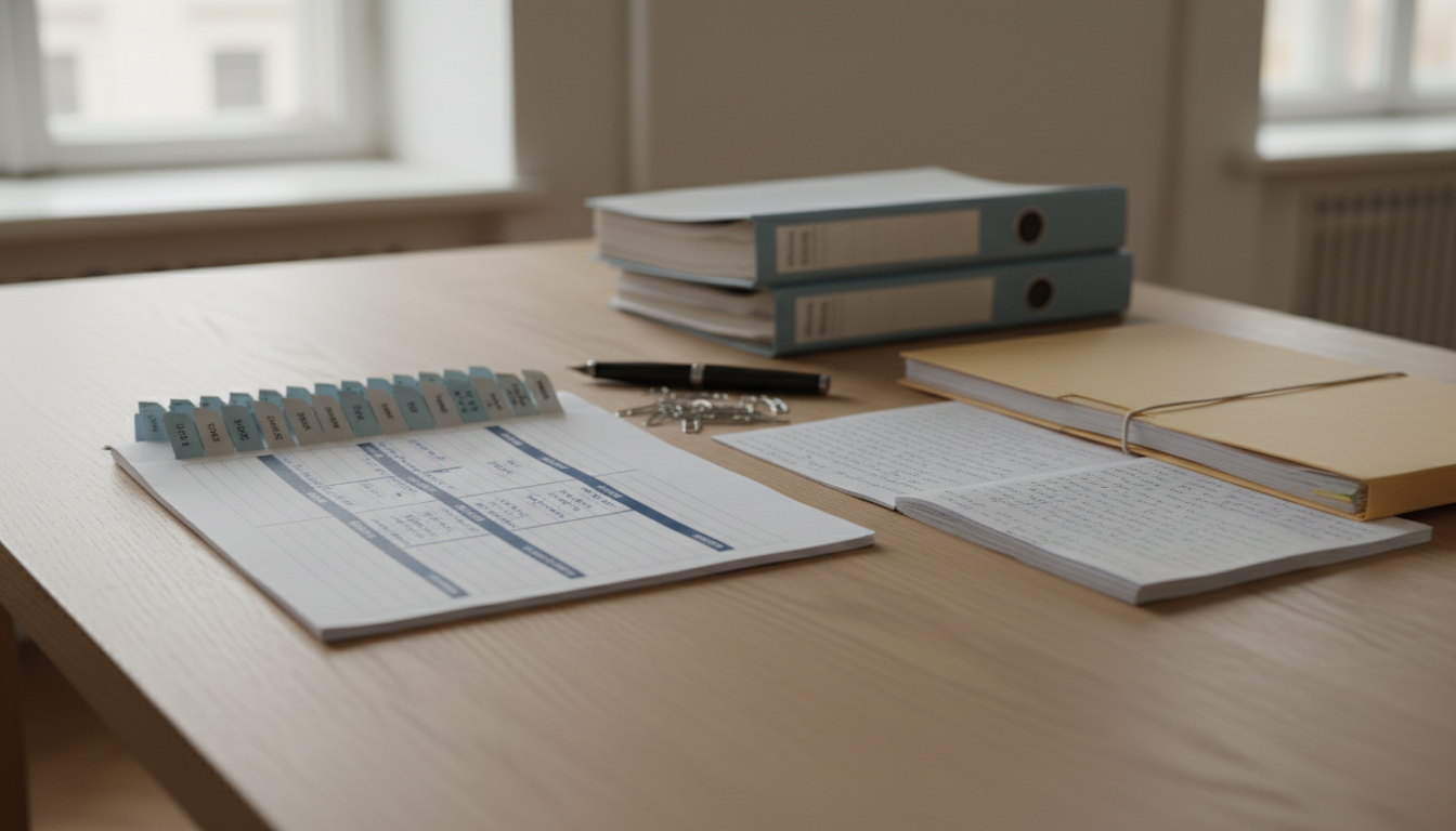 A printed workflow document with ink-marked steps and tabbed dividers lies on a wooden desk beside a folder of source pages and handwritten notes.