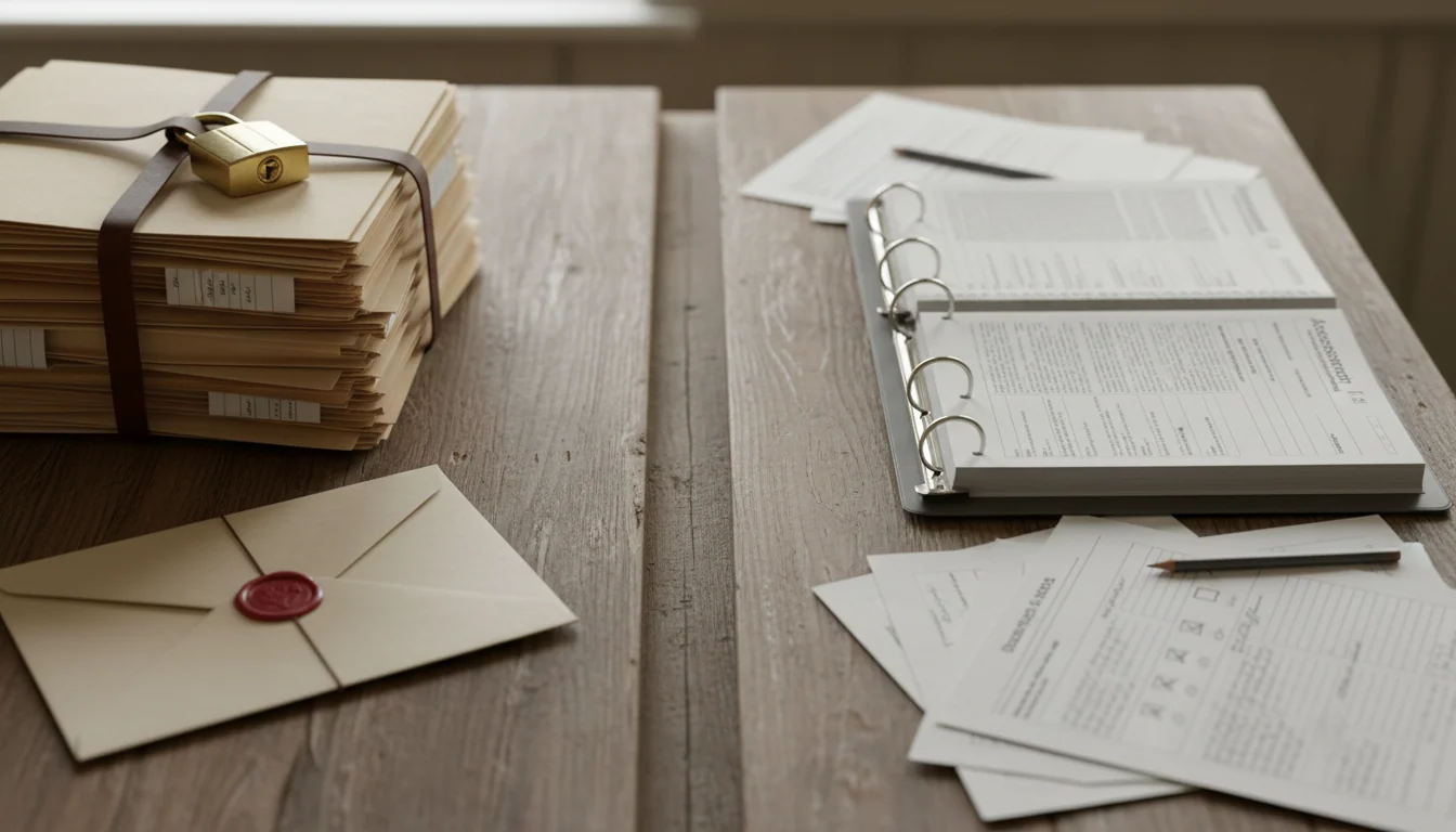 Een bureau van bovenaf: links een stapel mappen met een hangslot en verzegelde envelop, rechts een open ordner met losse pagina's en een aangevinkte checklist.