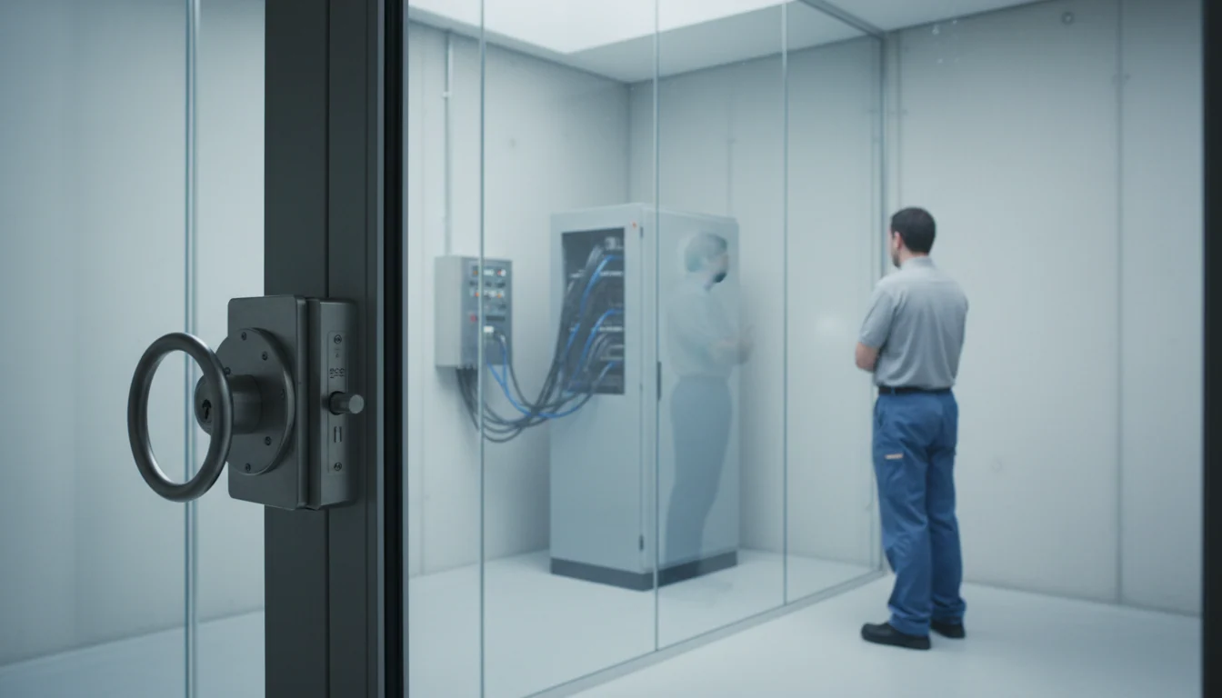 A single equipment cabinet stands isolated behind a glass wall with a closed metal door, while a technician looks on from outside.