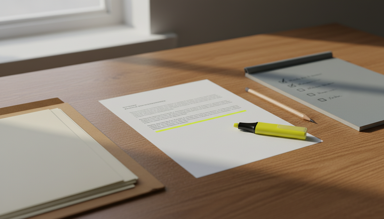 Wooden desk in daylight with a paper file on the left, a printed text with one highlighted line in the centre and a handwritten checklist on the right.