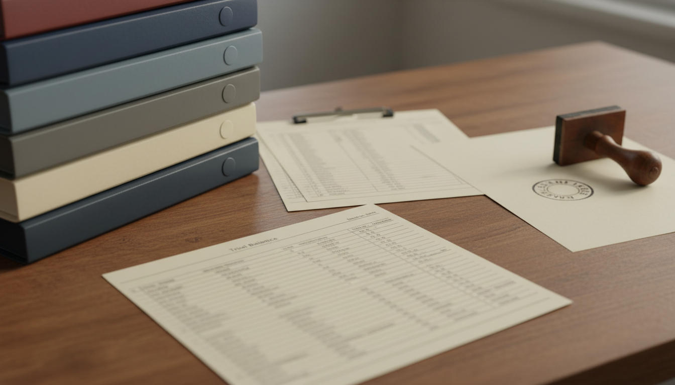 Houten bureau met links gesloten ordners jaarrekeningen, in het midden geprinte pagina's met potloodvinkjes in ordelijke rijen, en rechts een blad met een inktstempel.
