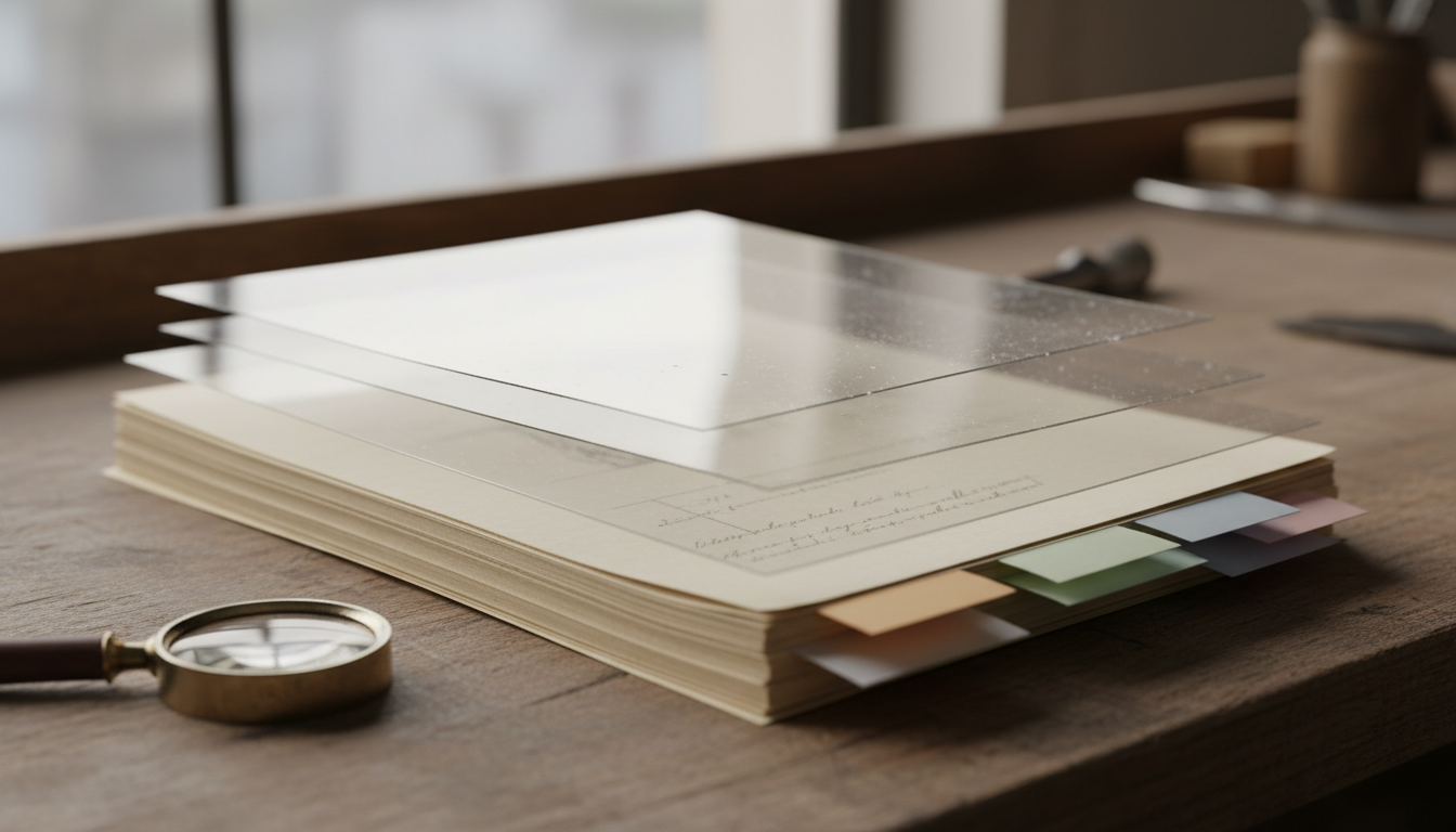 Four transparent acetate sheets stacked in separated layers above a pile of annotated papers, with coloured index tabs and a loupe on a wooden workbench.