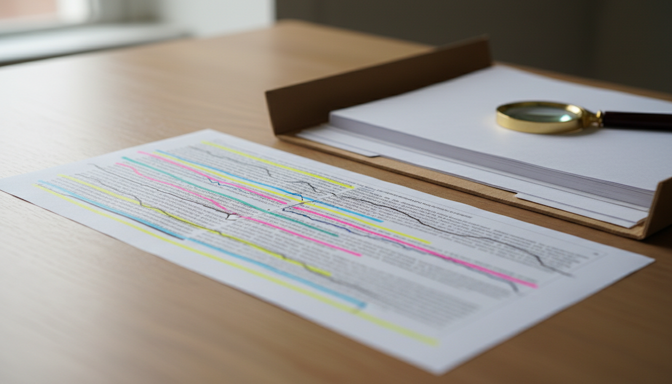 A long paper AI printout on a desk with coloured highlights and hand-drawn connecting lines, beside an open source folder with a magnifying glass.