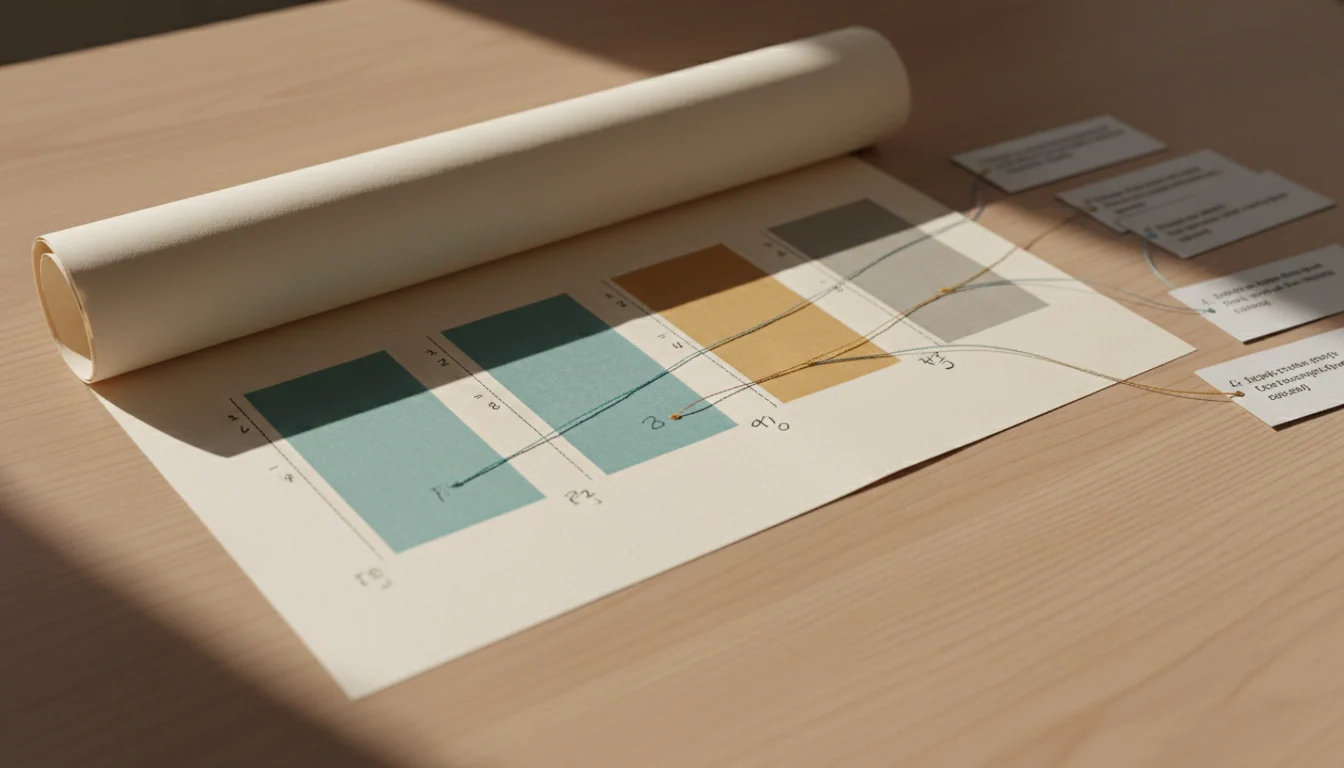 A long printed text on a wooden desk, divided into numbered blocks with colour markings, each linked by threads to its own source cards.