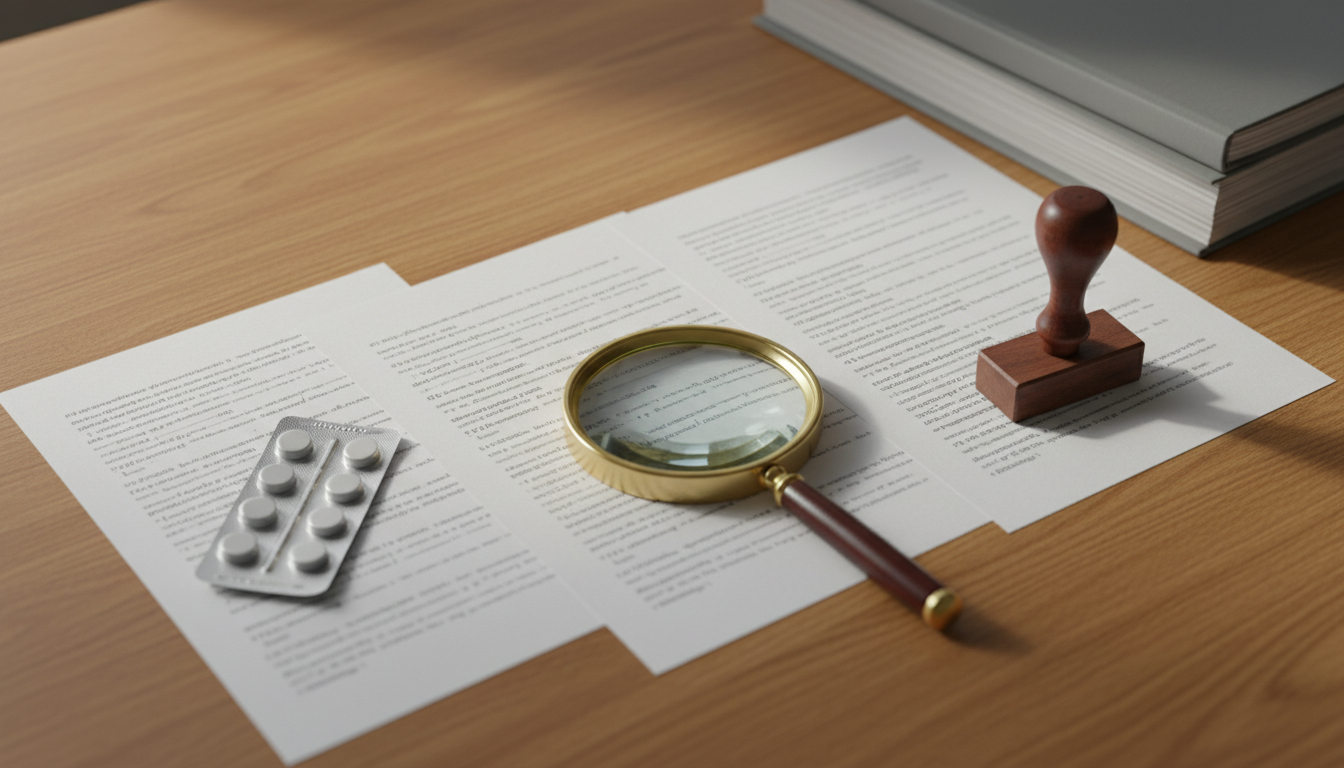 Drie identieke geprinte AI-antwoorden over een medicijnkeuze liggen in een reeks op een houten bureau, met een pillenstrip, vergrootglas en stempel bij de meer bewerkte vellen.