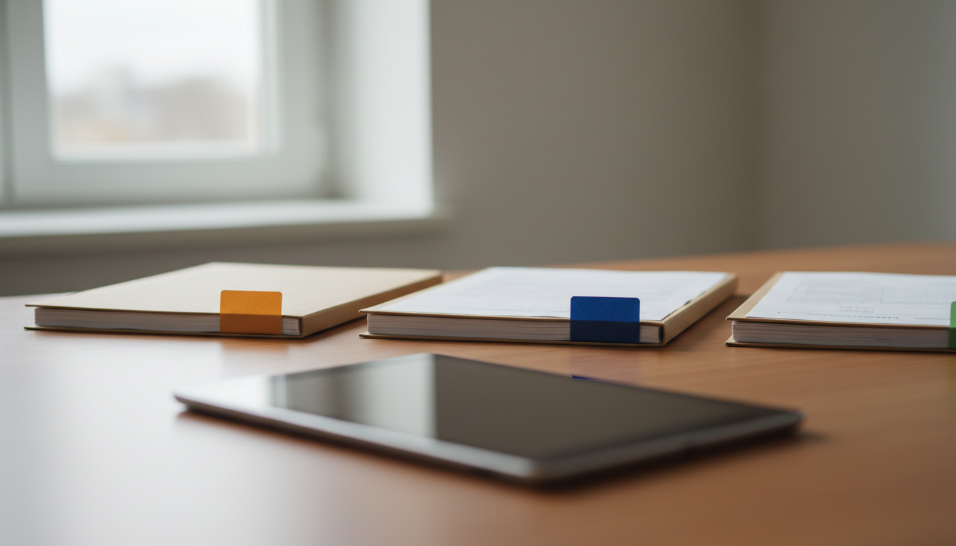 Three paper folders each with a different coloured marker tab arranged in a row on a desk, with a medical tablet at the front edge.