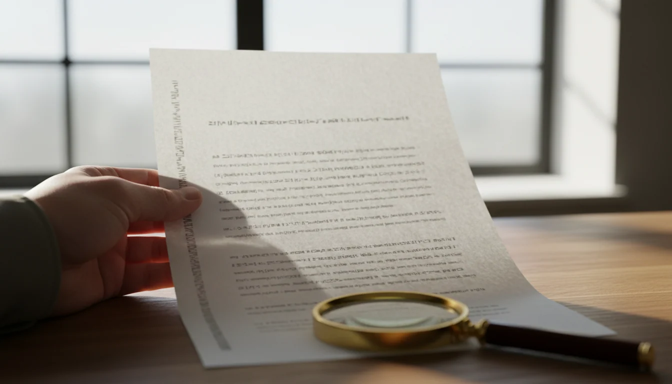 A printed PDF page held up to the light, with a barely legible grey line in the margin and a magnifying glass over it.