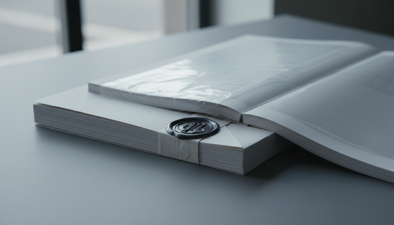 Two stacks of contract paper on a grey table: the upper one open under a clear sleeve, the lower one sealed with wax and tucked partly beneath it.