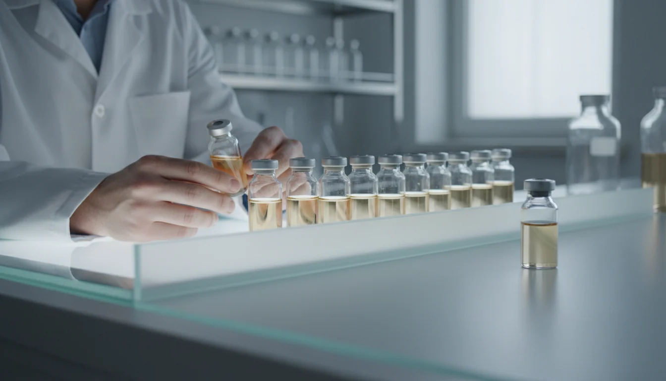 An inspector in a white coat holds a sealed glass sample vial to the light above an illuminated inspection table with a row of sealed vials and one unsealed vial beside it.