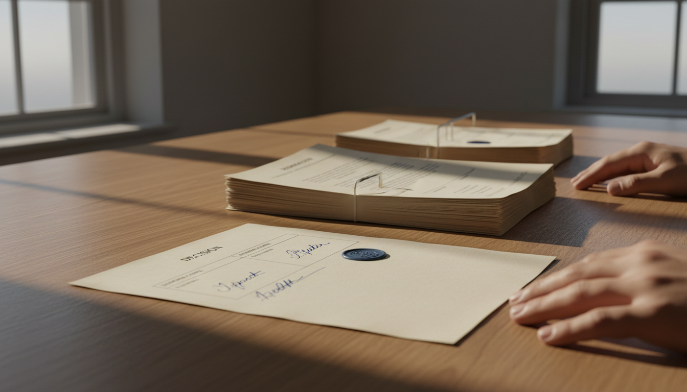 An open case file with a decision sheet, a handwritten note and a seal, with an ordered dated stack of pages behind it on a wooden desk in daylight.