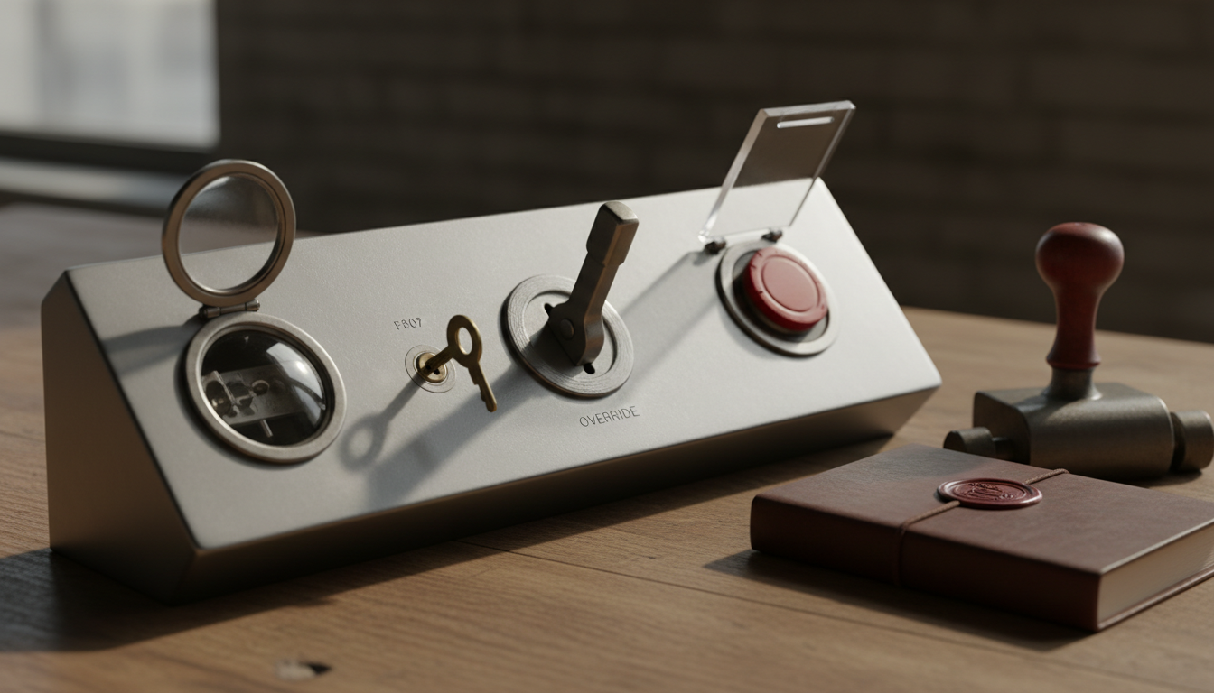 Steel control panel with, from left to right, an observation port, two keys, a lever in override position and a red emergency stop button, beside a sealed logbook.