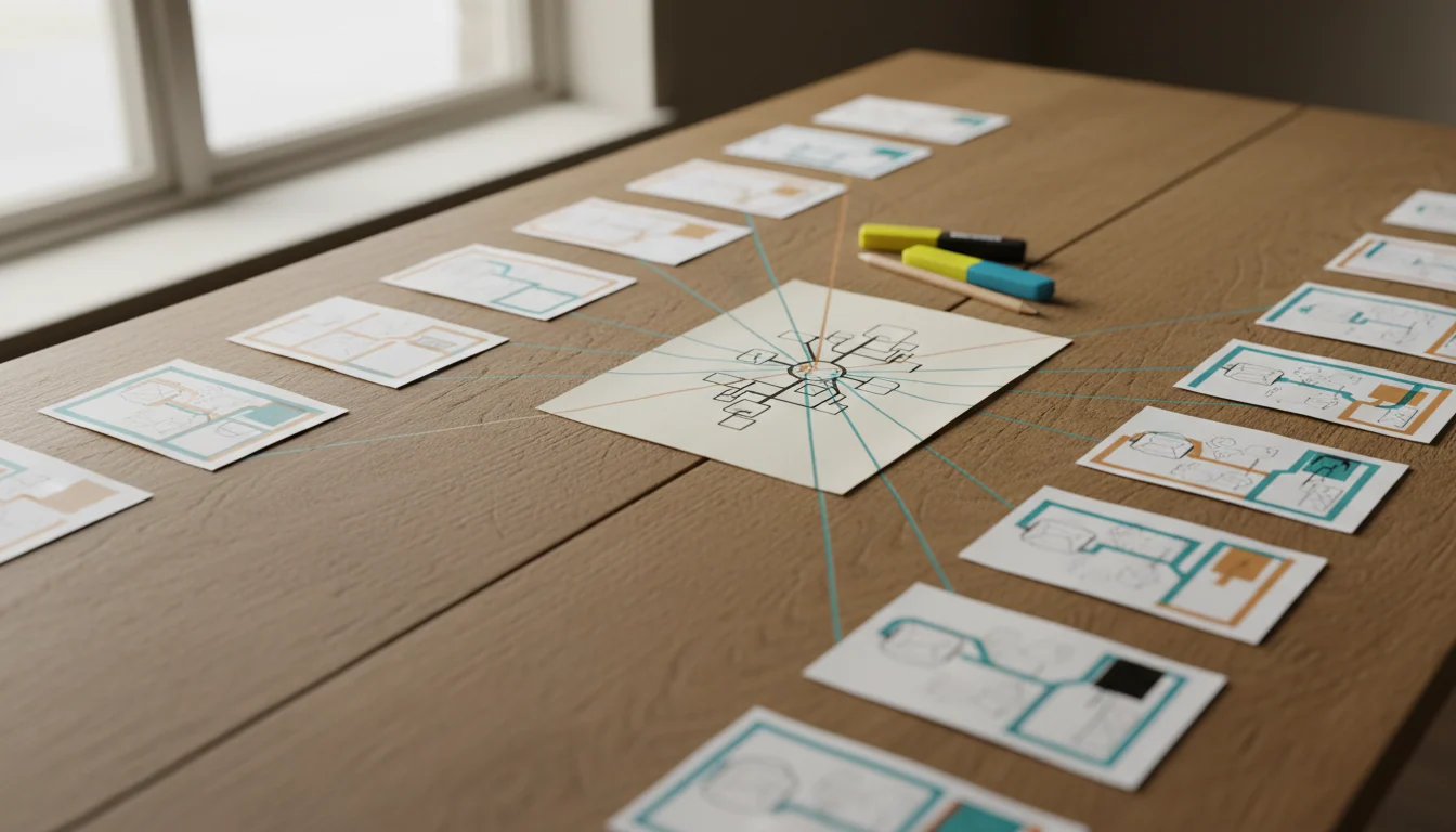 Op een houten tafel ligt één centraal gedrukt datastroomdiagram waarvan gekleurde lijnen aftakken naar aparte gerangschikte vellen, met markeerstiften ernaast in daglicht.
