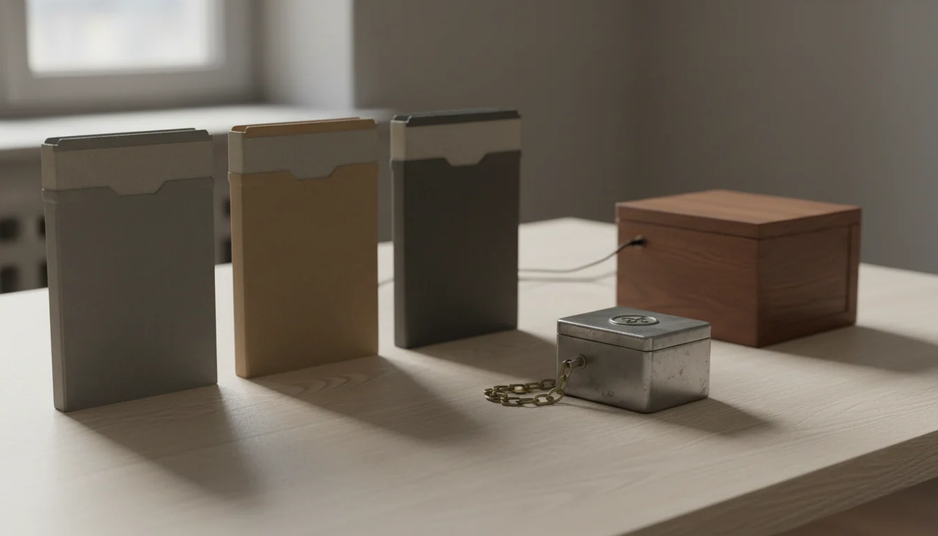 Three separated archive folders on a wooden table beside a sealed metal strongbox with a chain, linked by a thin cable to a small detached recorder cabinet.