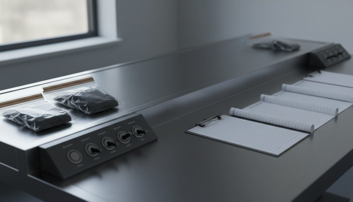 Forensics table with sealed evidence bags and physical locks on the left, ordered rows of logbook pages and a chain of custody form on the right, split by a metal edge.