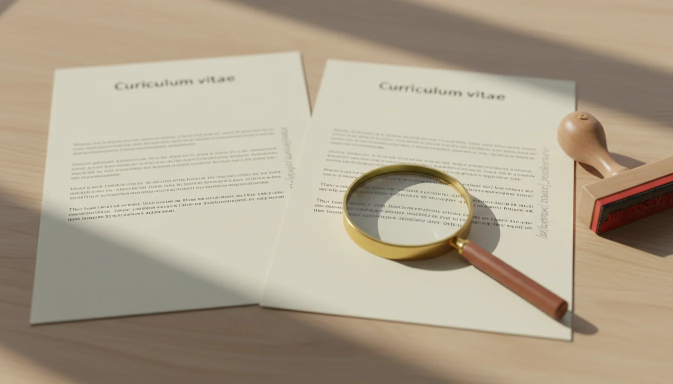 Two identical printed CV pages on a desk; a magnifying glass enlarges a faint line of text in the margin, beside an unused red stamp set apart.