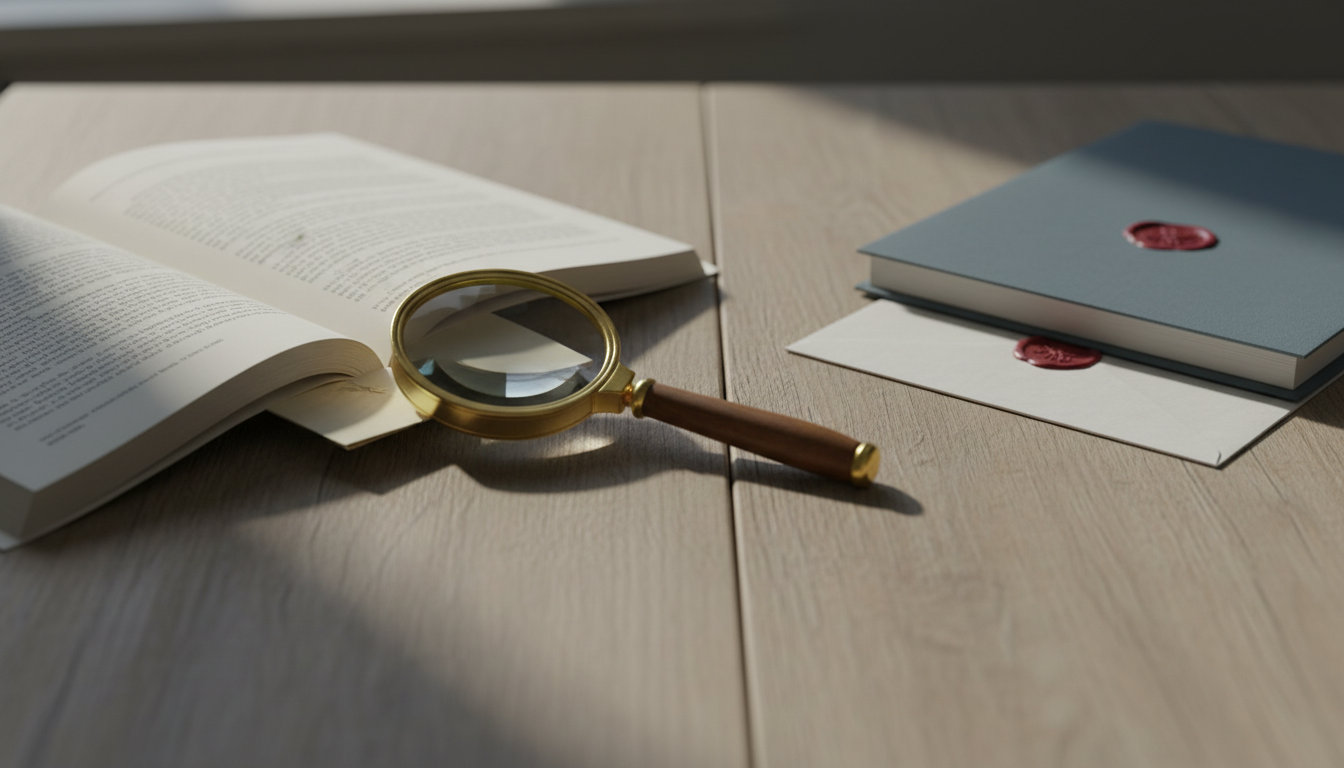 A wooden table with an open document on the left holding a hidden slip between its pages and a sealed envelope and folder on the right, with a magnifying glass on the dividing line.