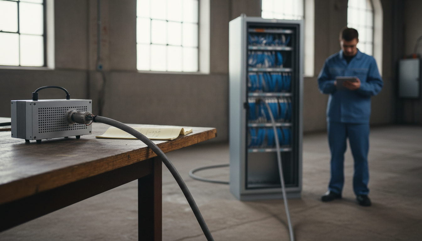 A robotic arm controller on a workbench with a cable running to a network cabinet full of patch cables, a technician with a tablet in the daylit background.
