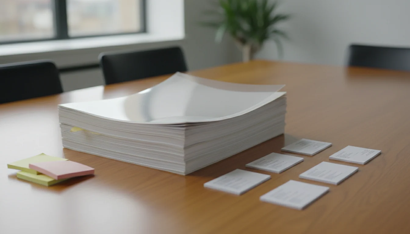 A transparent overlay sheet rests on a stack of bound standards documents on a wooden meeting table, with four separate labelled cards and post-its beside it in daylight.
