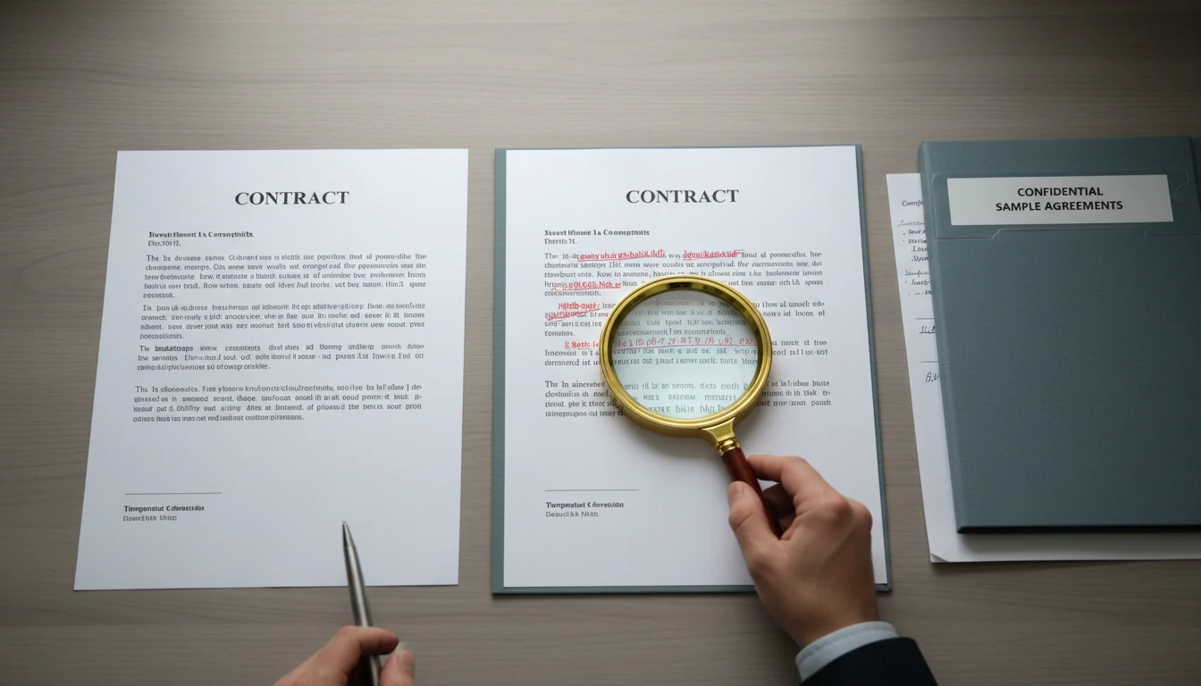 Twee afdrukken van hetzelfde contract liggen naast elkaar op een bureau, de rechter met penmarkeringen, naast een vergrootglas en een gesloten vertrouwelijke map.