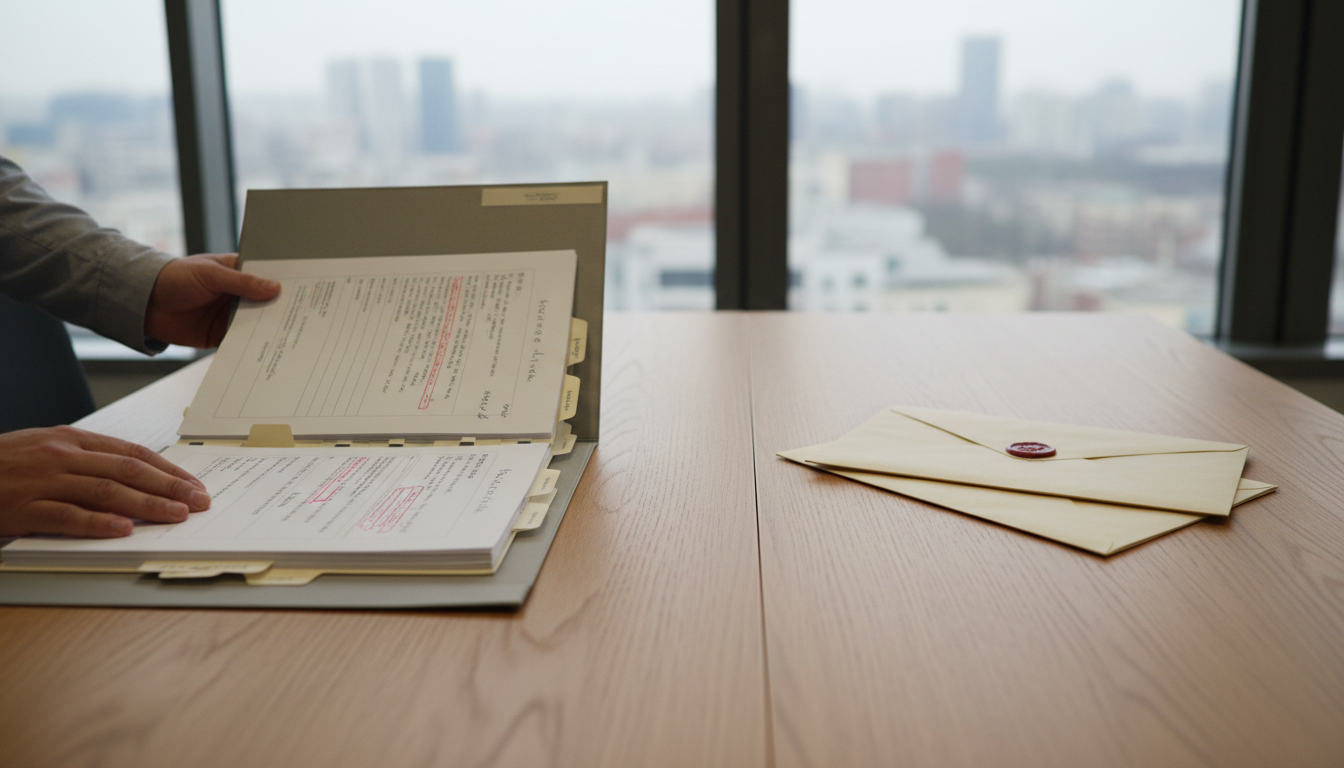 On a wooden table an open technical document folder with annotated papers lies on the left, while two closed sealed envelopes rest on the right, in daylight from a window.