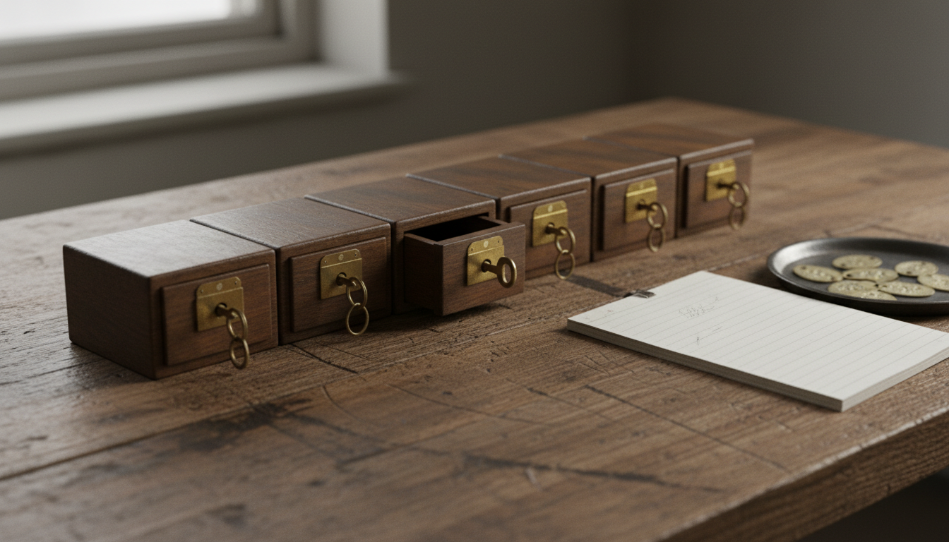 A row of small wooden drawers each with its own labelled key, all locked except one opened drawer, beside an open logbook with numbered tags.