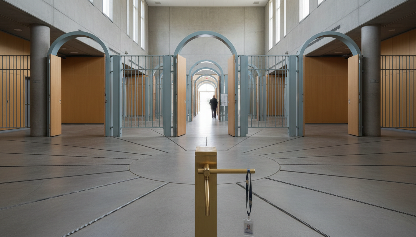 A corridor with a row of numbered gates, some open and some sealed, with cables from a central junction and a small turnstile in the foreground.