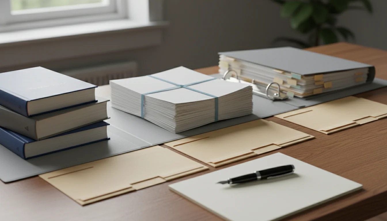 Opgeruimd houten bureau met links wetboeken, in het midden een gebundeld dossier met lint en rechts een open ringband, verbonden door een rij mappen.