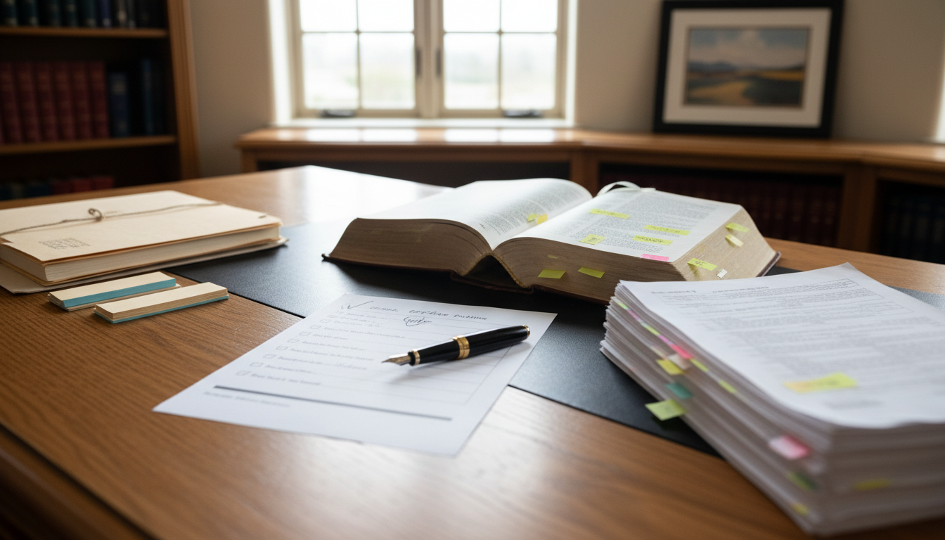A wooden desk in two zones: a closed folder with tabs on the left, an open statute book with highlighted case law and pen on the right, and a ticked checklist between them.