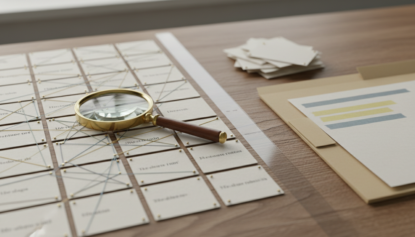 Network of legal source cards linked by coloured threads beside a loose stack of unconnected reference slips and a highlighted file on a wooden desk.