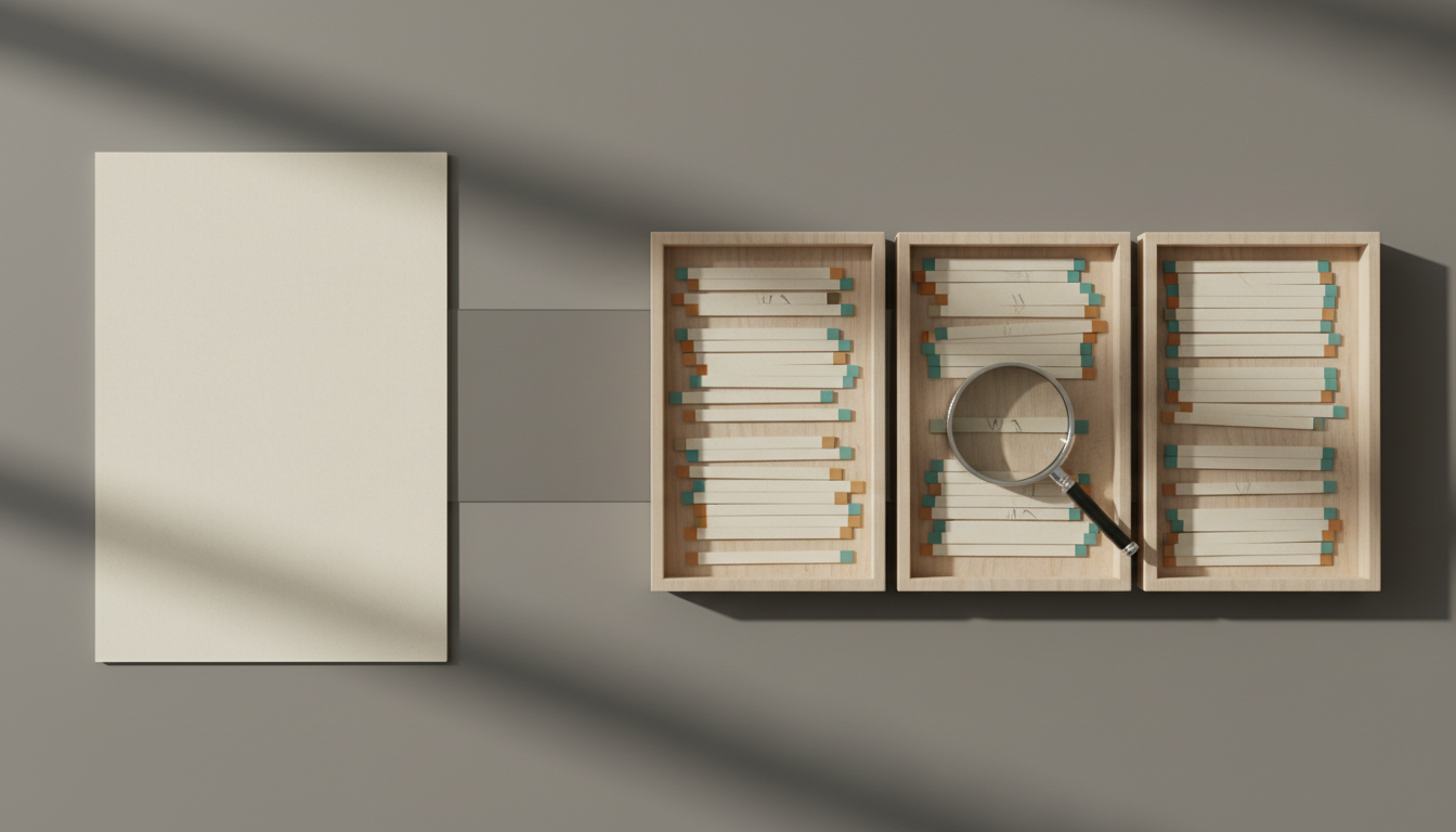 A single sheet of paper lies alone on the left of a grey table, with three separated trays of strip-cut fragments and coloured tabs on the right, a loupe over one strip.