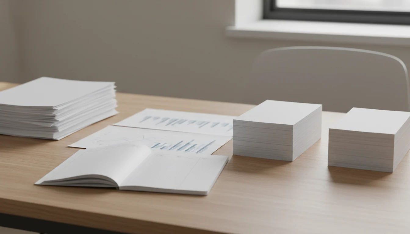 A desk with a loose stack of printed answers on the left and the same sheets ordered into two columns on the right, with charts and a notebook between them.