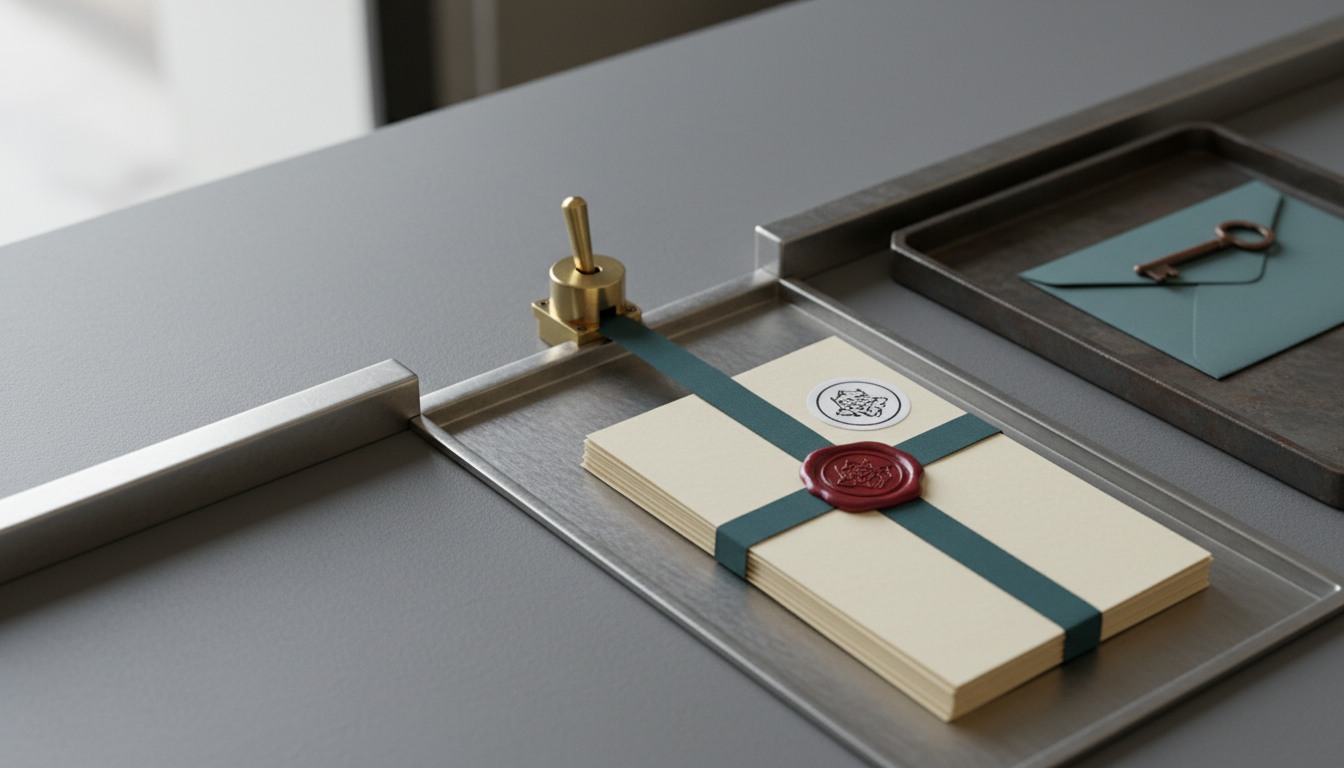 A brass routing switch channels confidential papers toward two metal trays, one nearby sealed with wax and one further away holding a sealed envelope and key.