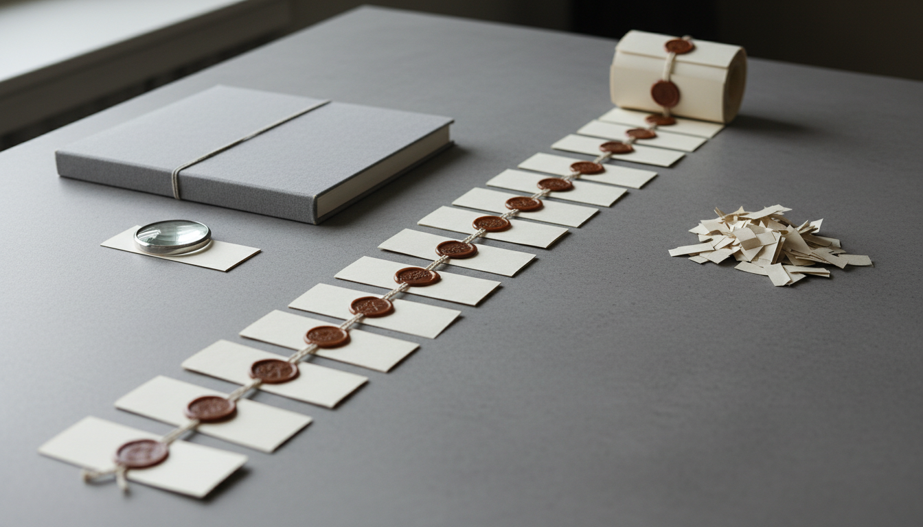 A long paper strip with sealed, chained record cards and a loupe, beside a loose pile of unordered paper scraps.