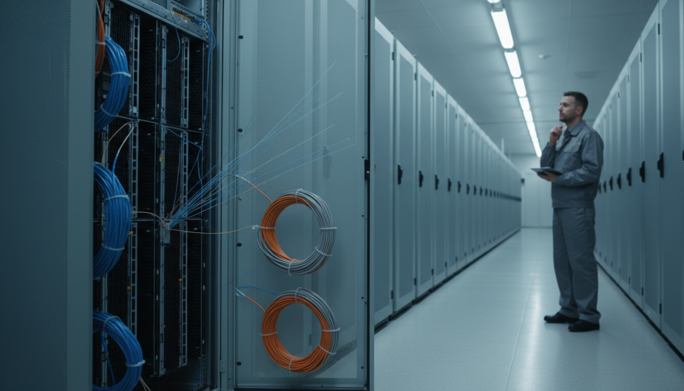 One opened server cabinet with coloured cable bundles in front, a long row of closed cabinets behind, and an engineer holding a tablet.