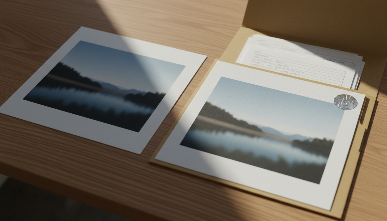 Two identical printed photographs side by side on a wooden desk, the right one bearing a small marking sticker, resting on an open archive folder with marked documents.