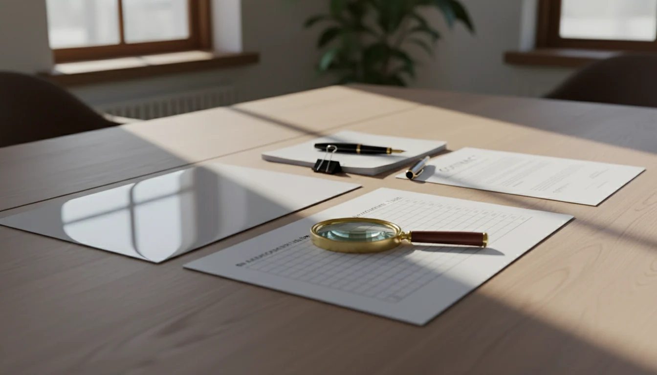 Een glanzend aankondigingsvel en een eenvoudig geprint tabelblad liggen naast elkaar op een houten tafel, met een vergrootglas boven het geprinte vel en een pen bij een niet-ondertekend contract.