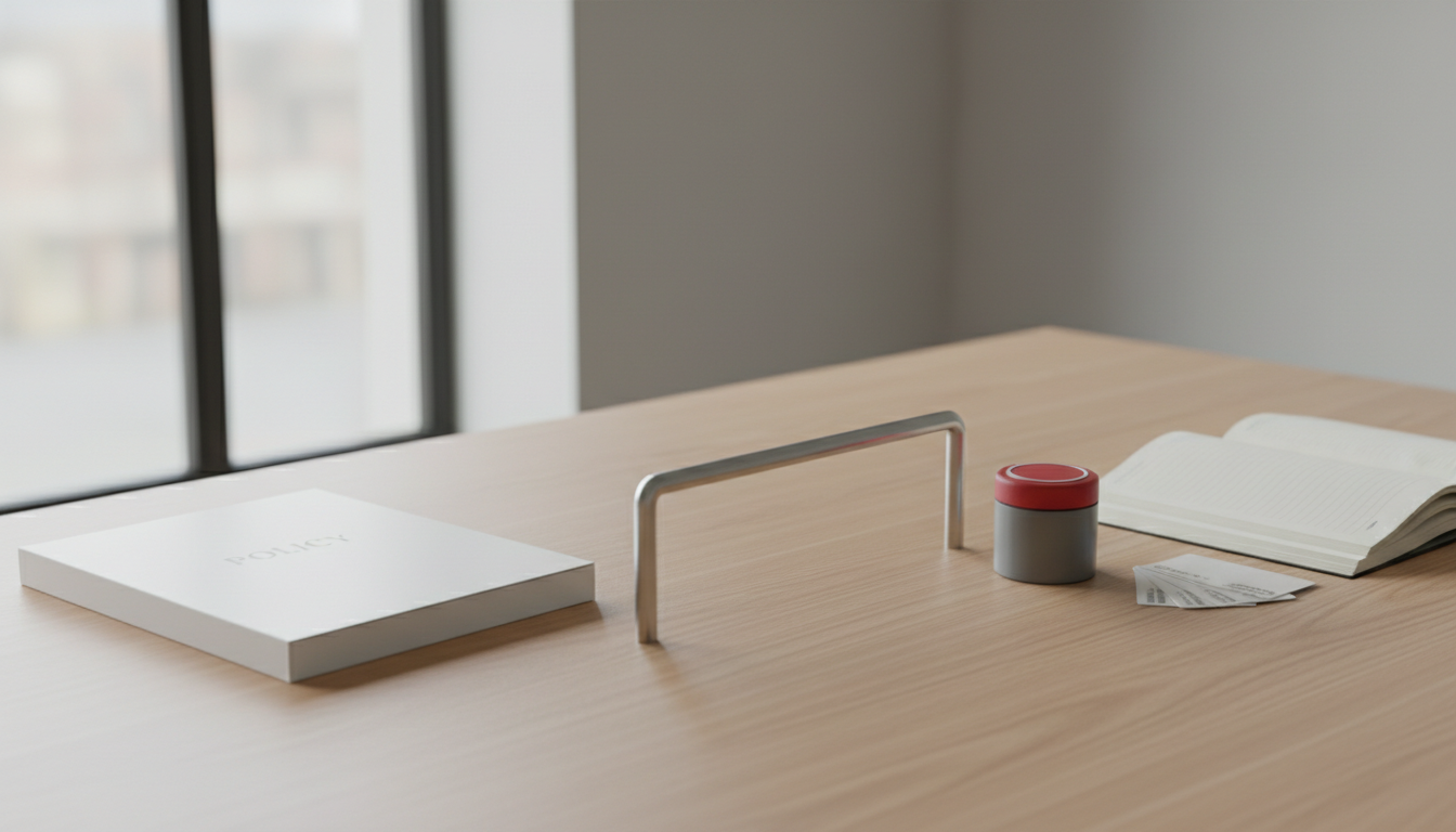 Op een licht houten bureau ligt links een dicht beleidsdocument, in het midden een barrière en rechts een rode noodstopknop met een open logboek en keycards.