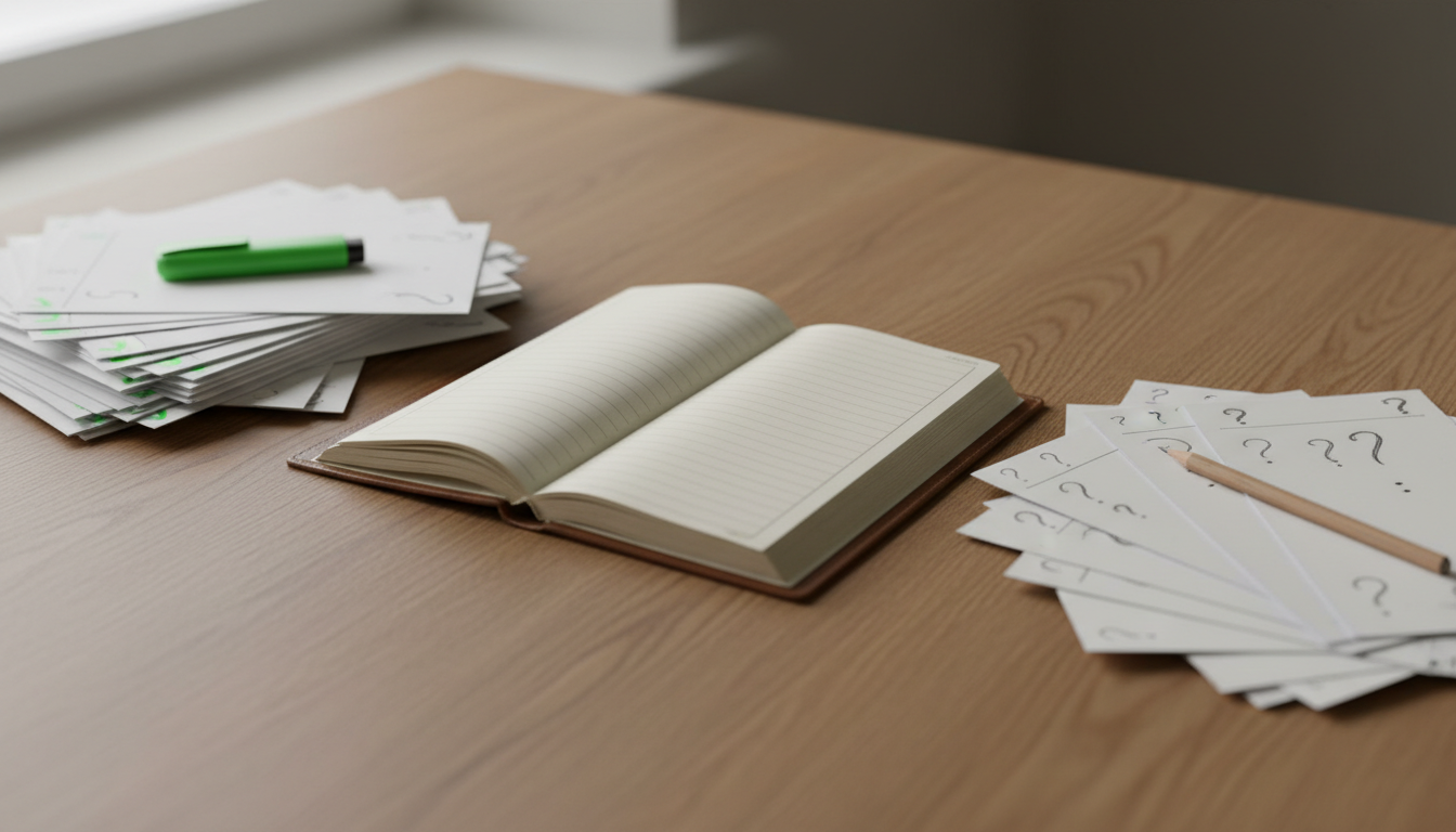 Desk with a stack of printed articles marked with green highlighter on the left, a stack with question marks in the margins on the right, and an open catalogue register between them.