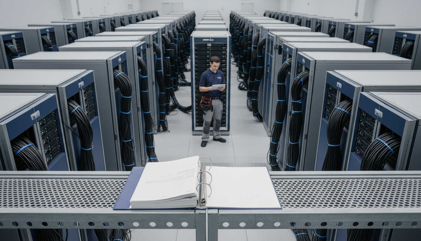 Technician with a tablet inspects a server rack, seen from a raised walkway above orderly rows of cabled racks in a data centre.