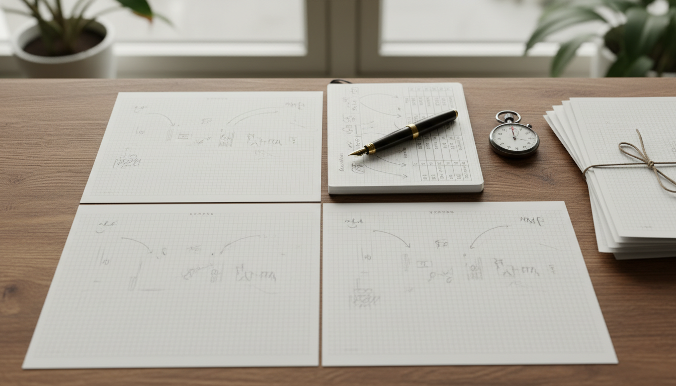 Two identical printed coding tasks side by side with differing pencil notes, and a handwritten version log with dates and arrows between them on a wooden desk.