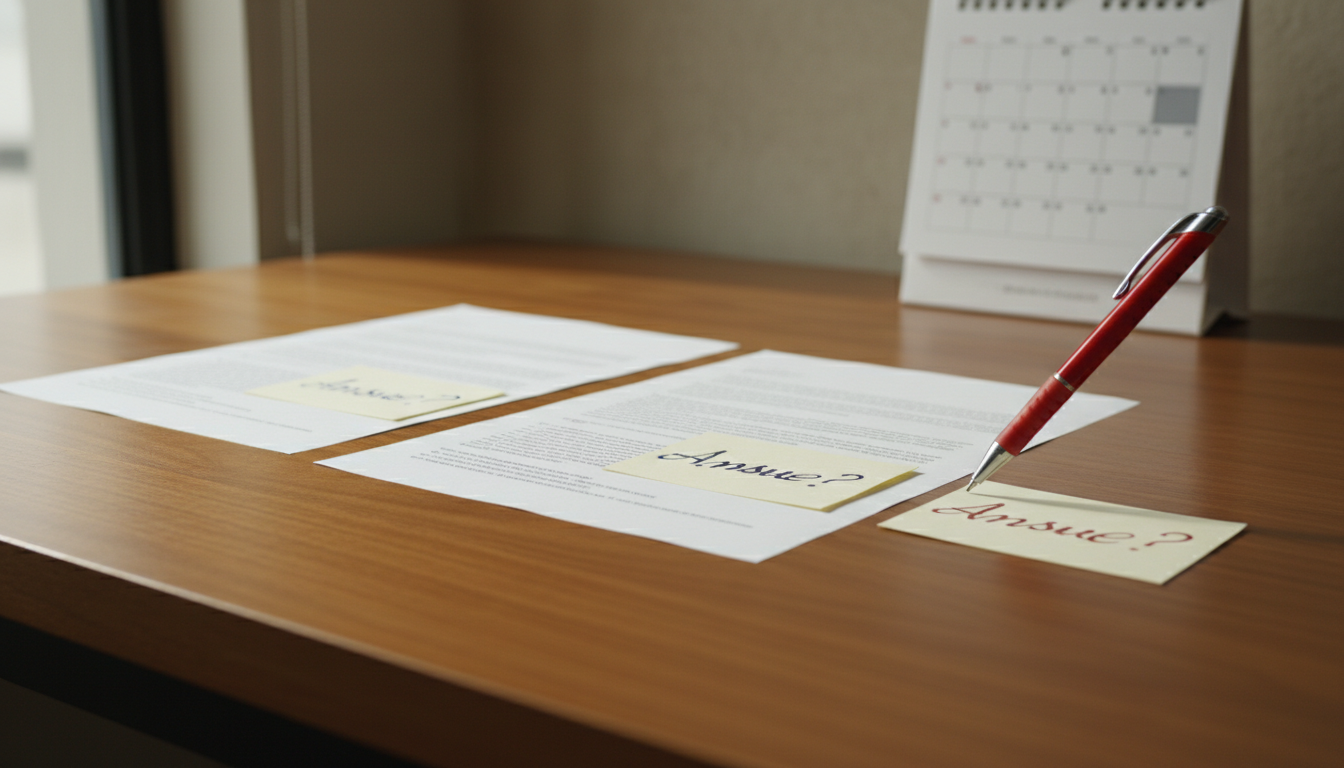 Three identical printed questions lie in a row on a wooden desk, each with a different handwritten answer, with a red pen and a calendar of crossed-off days behind them.
