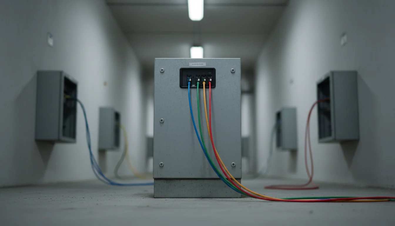 One central distribution cabinet with four coloured fibre-optic cables to four separate bays; three cables seated, one hanging disconnected.