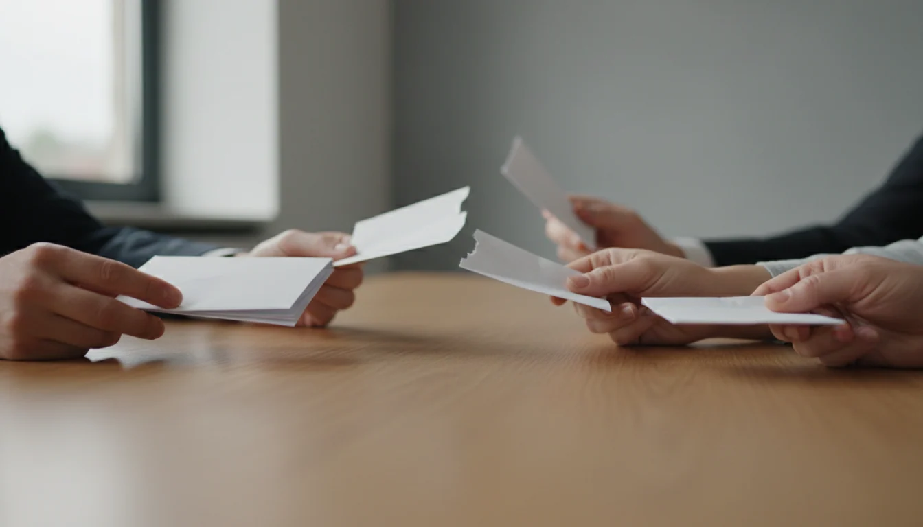 A horizontal row of identical folded paper notes passed hand to hand across a wooden table, with one creased and torn note halfway along whose damage the later notes carry onward.