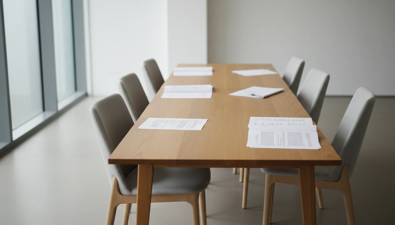 Four identical meeting chairs at a wooden table, three facing the same way and one turned off angle, with loose paper documents in daylight.